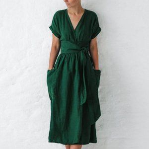 Women's Short-Sleeved V-Neck Pocket Solid Loose Cotton/Linen Dresses